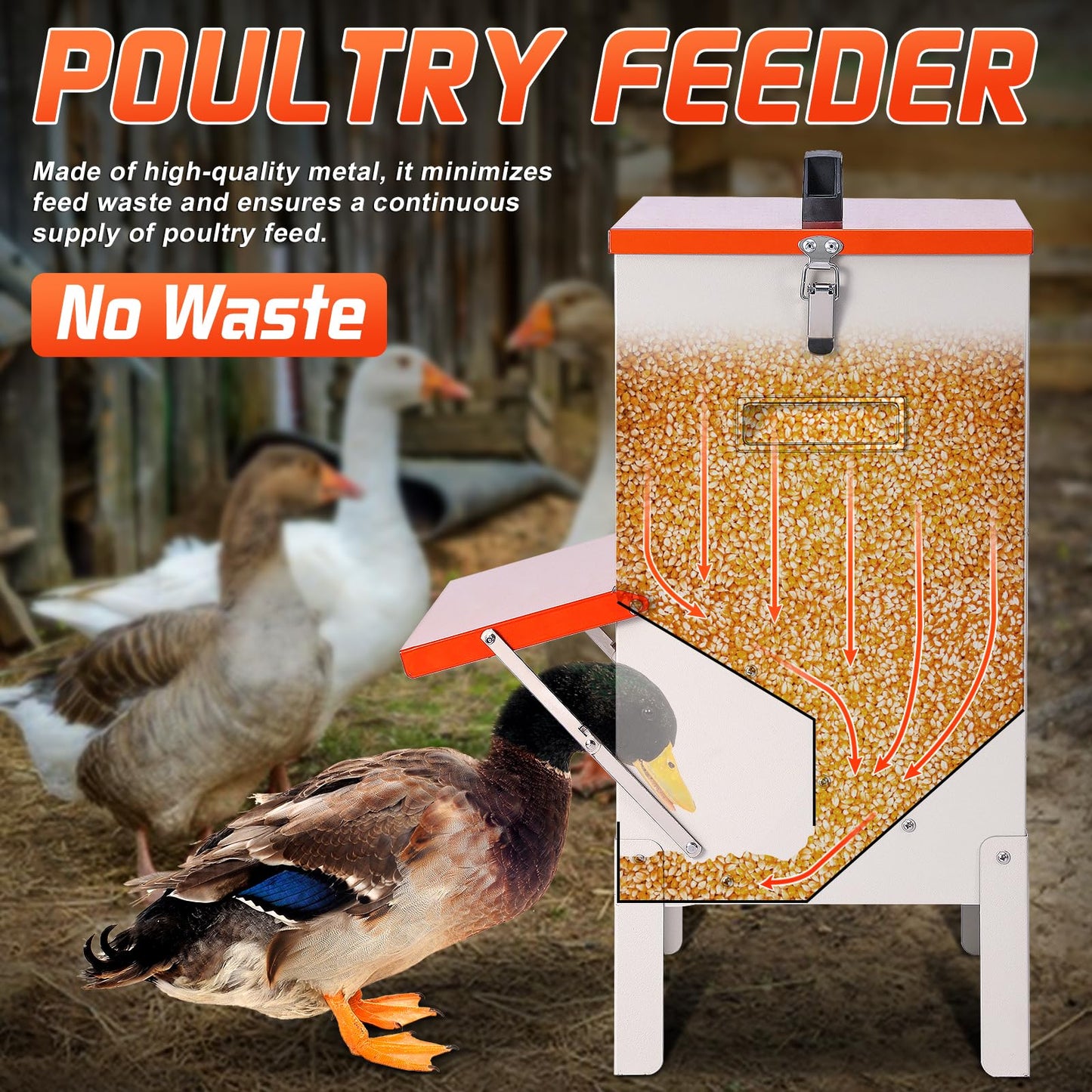 PKNYBZH 30lbs Automatic Chicken Feeder and Duck Feeder，Large Poultry Feeder for Chickens, Ducks, Geese, Pigeons, Dogs, Cats (Orange)