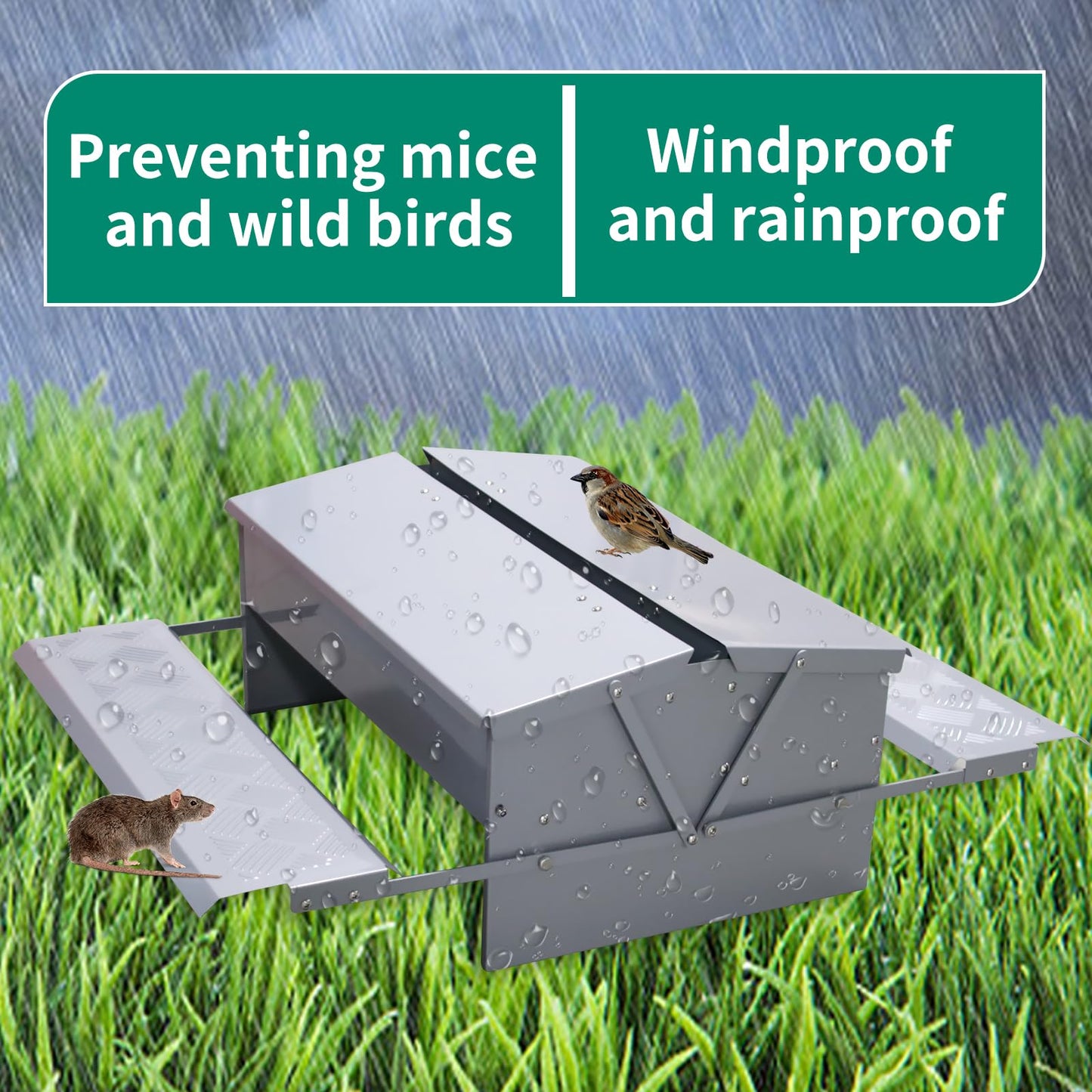Automatic Chicken Feeder No Waste Rat Proof Treadle 22lb Metal Poultry Feeding Trough with Weatherproof Lid for Pheasants Hens Roosters Duck Fowl Outdoor Coop
