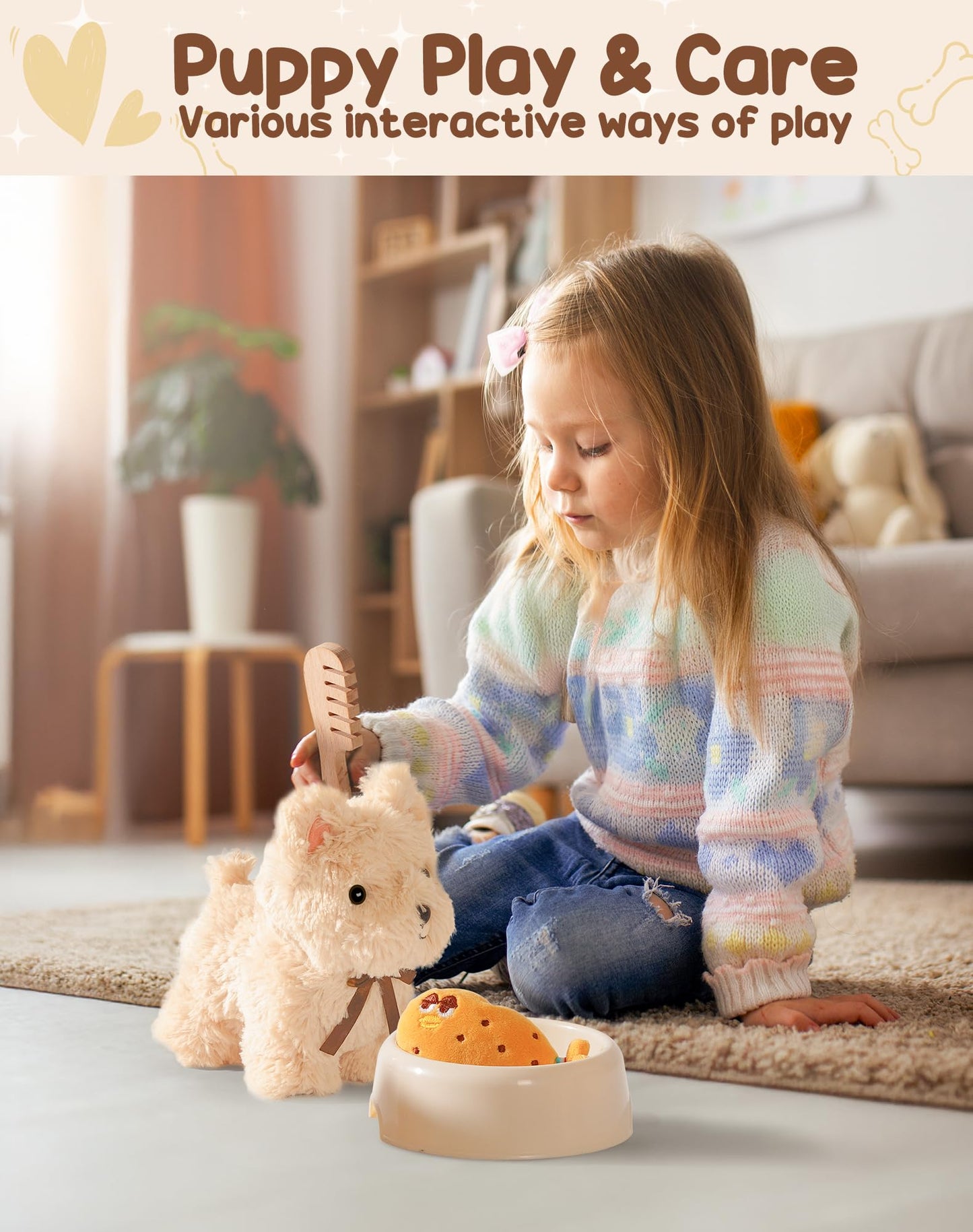 ROBOTIME Pull Dog Toy for Toddlers, Puppy Pet Care Pretend Play Set with Stuffed Animal, Dog House & Accessories, Walking Pull Along Toy, Educational Plush Gift for Boys and Girls