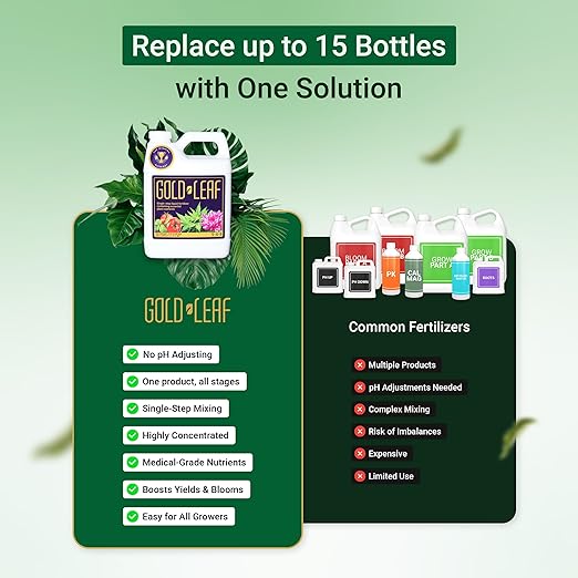 1L Gold Leaf All-in-One Liquid Fertilizer – pH Balanced, Instantly Dechlorinates, No Additives Needed – for Soil, Hydroponics & Coco – Bigger Blooms, Higher Yields, Complete Plant Nutrition