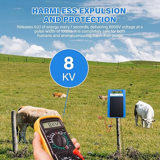 Solar Electric Fence Charger 8 kV - 0.2 Joules, 3-Mile Range, 10000mAh Lithium Battery & 3W Solar Panel - Ideal for Livestock, Pet, Poultry, Gardens, Orchards Protection