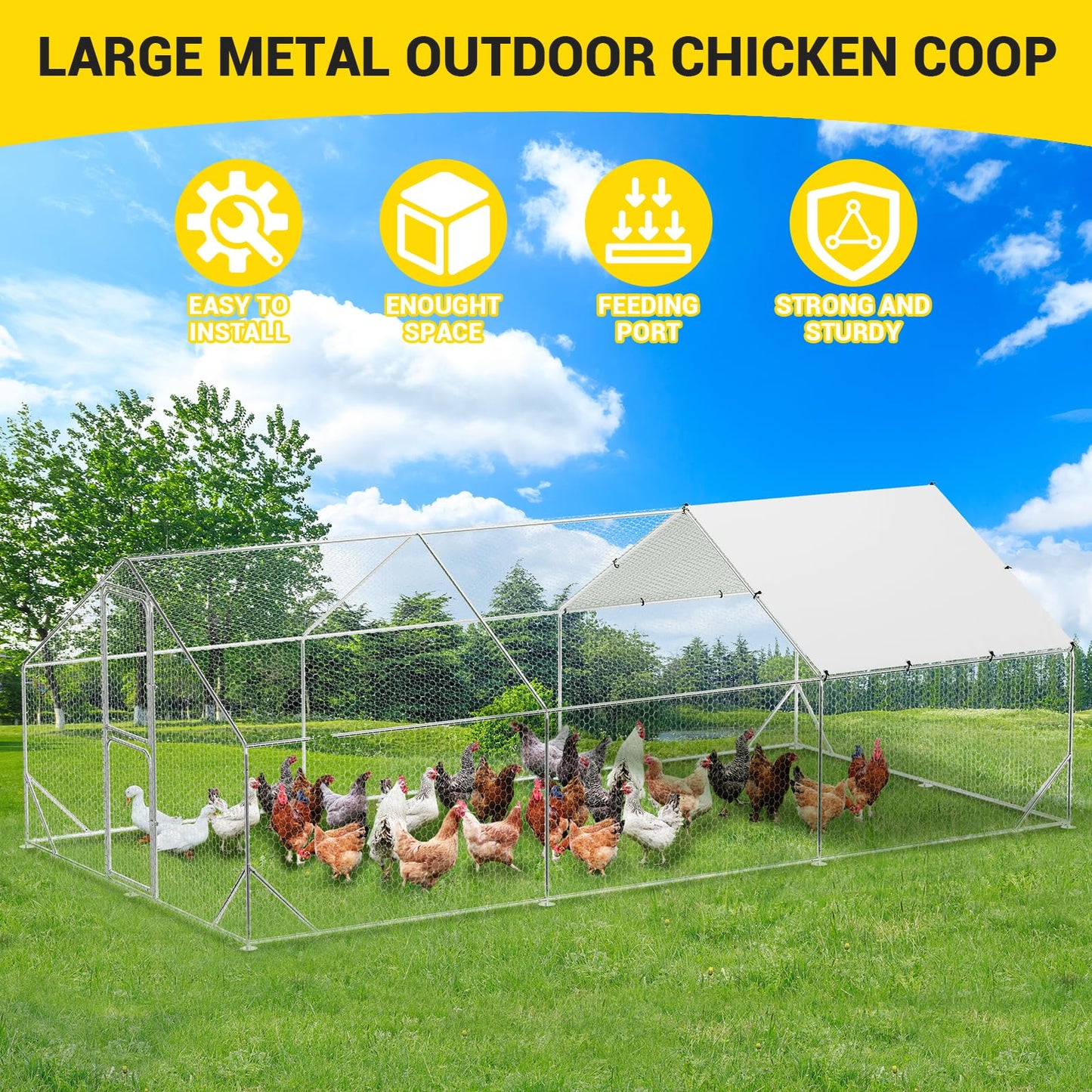 Large Metal Chicken Coop with Run,9.8×19.7×6.6ft Walk-in Poultry Cage,Chicken Pen with Water-Resident and Anti-Ultraviolet Cover for Outdoor Backyard Farm
