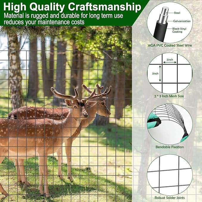 24 in x 49 Ft Welded Wire Fence Black PVC Coated Wire Mesh 2 x 3 in 14GA Garden Fence for Dog Border Fencing Roll Outdoor Animal Barrier Fence with U-Shape Hooks for Yard Plant Vegetable Protection