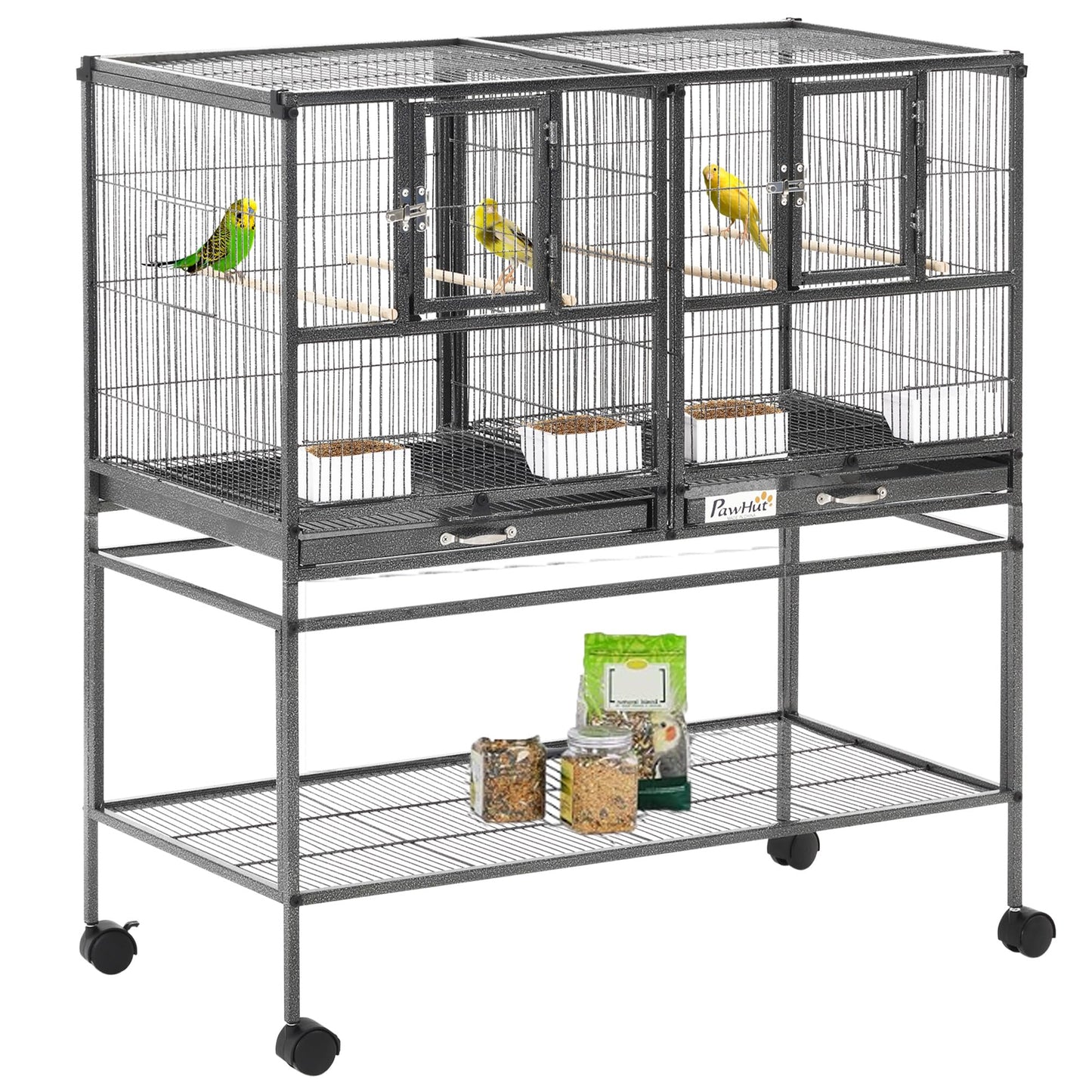 PawHut Divided Breeder Bird Cage with Rolling Stand Removable Metal Tray, Storage Shelf, Wood Perch, and Food Container