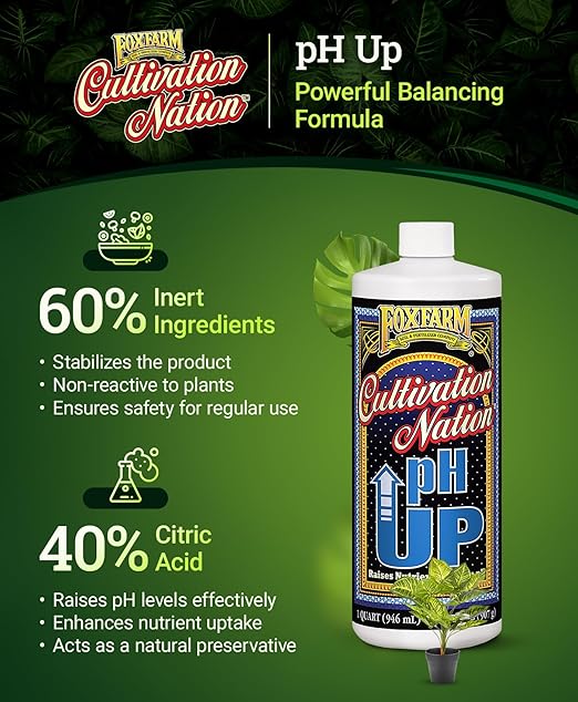FoxFarm Cultivation Nation pH Up - Liquid Nutrient Solution Adjuster, Raises pH Levels for Hydroponic & Soil Gardens - Formulated with Potassium Hydroxide for Optimal Growth (Quart)