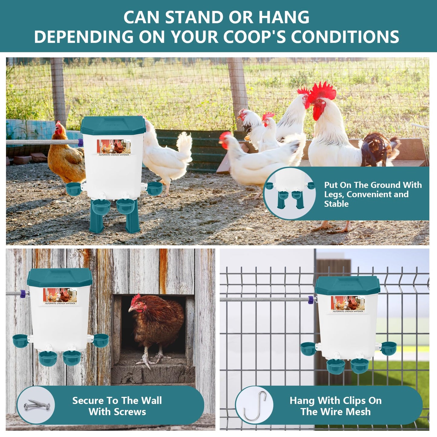 Lilyang Float-Controlled Automatic Chicken Waterer for Continuous Fresh Water, Self Filling Chicken Waterer with 60 Inch Water Hose (One End 3/4''), Suitable for Quail Duck Turkey(Blue, 2 Gallons)