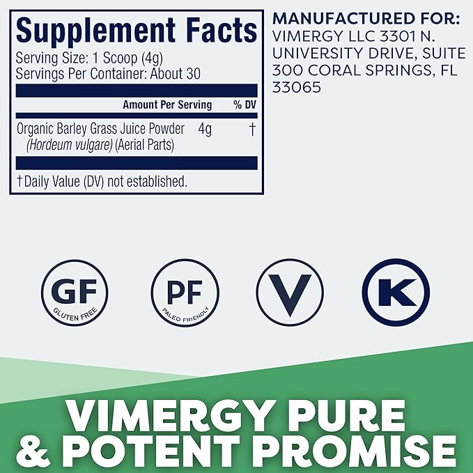 Vimergy Barley Grass Juice Powder Dietary Supplement - 0.8g per Serving (150 Servings) – Clean Superfood Formula – Promotes Cardiovascular Health* – Organic, Vegan & Gluten-Free – Travel Size 120g