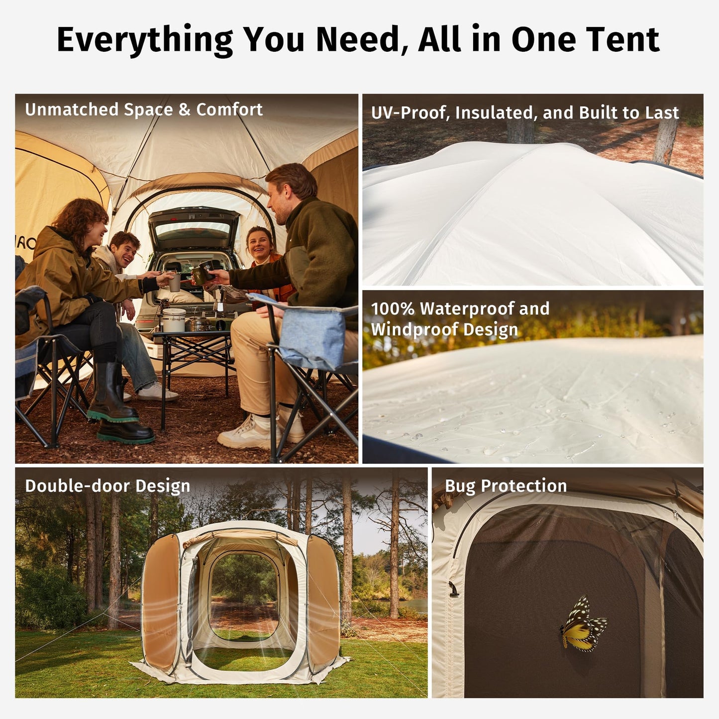 EAST OAK 6×6 FT Pop Up Canopy Tent with Mesh | Outdoor Screen House with 4 Sunshades | Instant Canopy with Portable Carry Bag | Gazebo Tent for Camping, Patio, and Beach | Beige