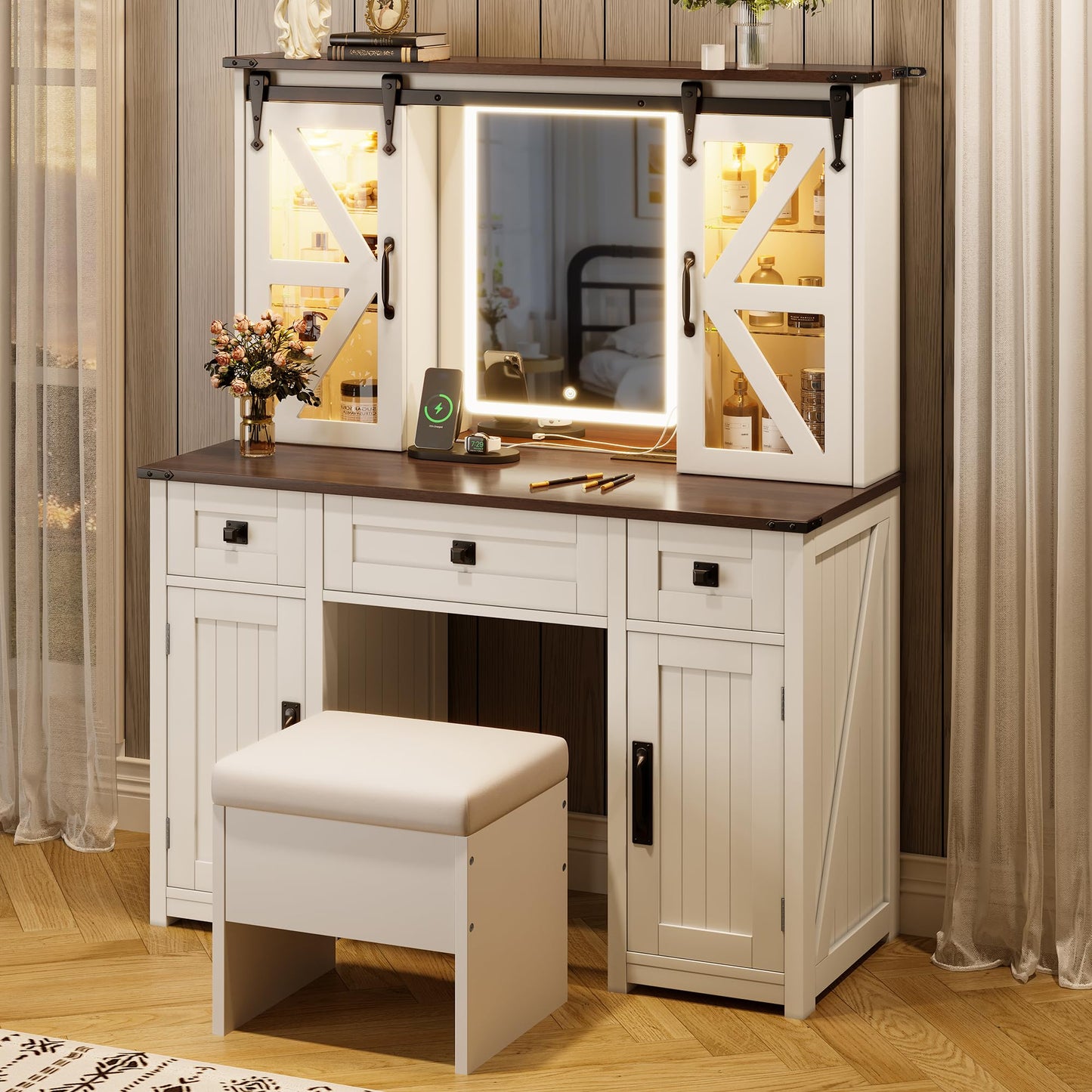 Merax 43.3" Farmhouse Makeup Vanity Desk with Lighted Mirror,Vanity Table Set with Storage Stool with Sliding Barn Door Hidden Shelves & 3 Drawers & 4 Cabinets,Beige