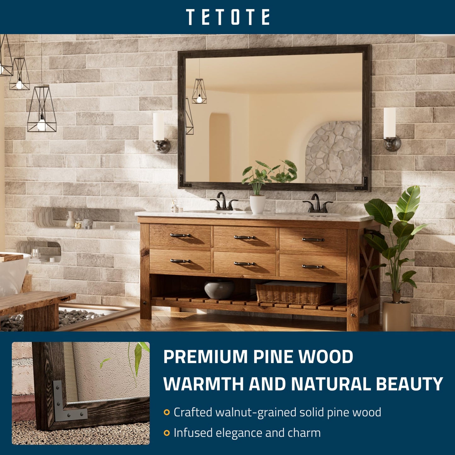 TETOTE 55 x 36 Black Wood Mirror for Bathroom Wall/Bedroom/Living Room/Entryway Farmhouse Rustic Bathroom Vanity Mirror for Over Sink Waterproof (Horizontal/Vertical Mounted)