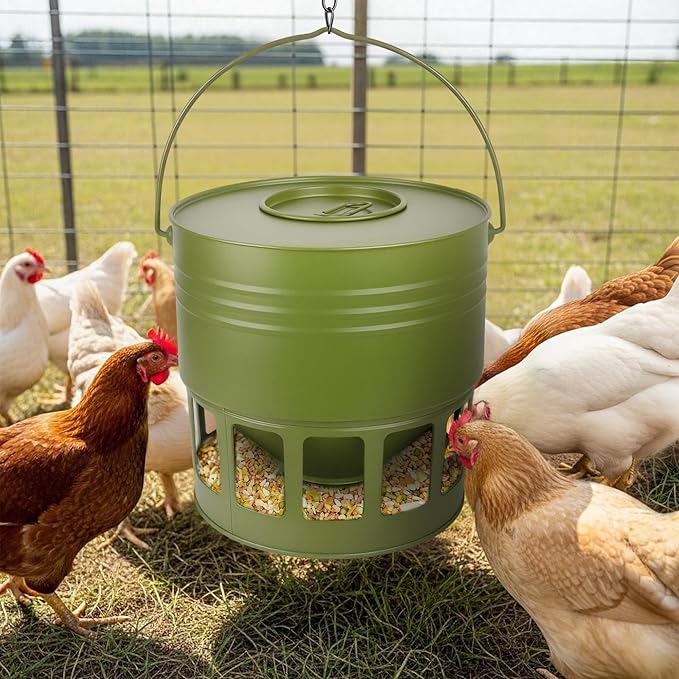 Hanging Chicken Feeder – 20lbs Metal Chicken Feeder, Adjustable Poultry Feeder with 12 Ports, No Installation & Universal Height Design (Avocado Green, 20lbs)