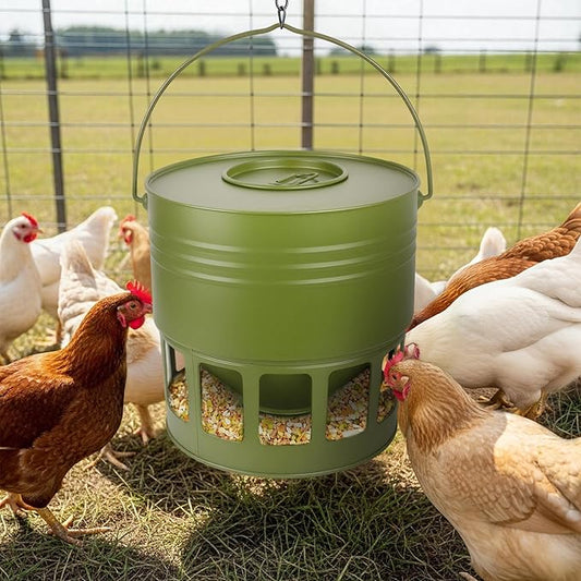 Hanging Chicken Feeder – 20lbs Metal Chicken Feeder, Adjustable Poultry Feeder with 12 Ports, No Installation & Universal Height Design (Avocado Green, 20lbs)