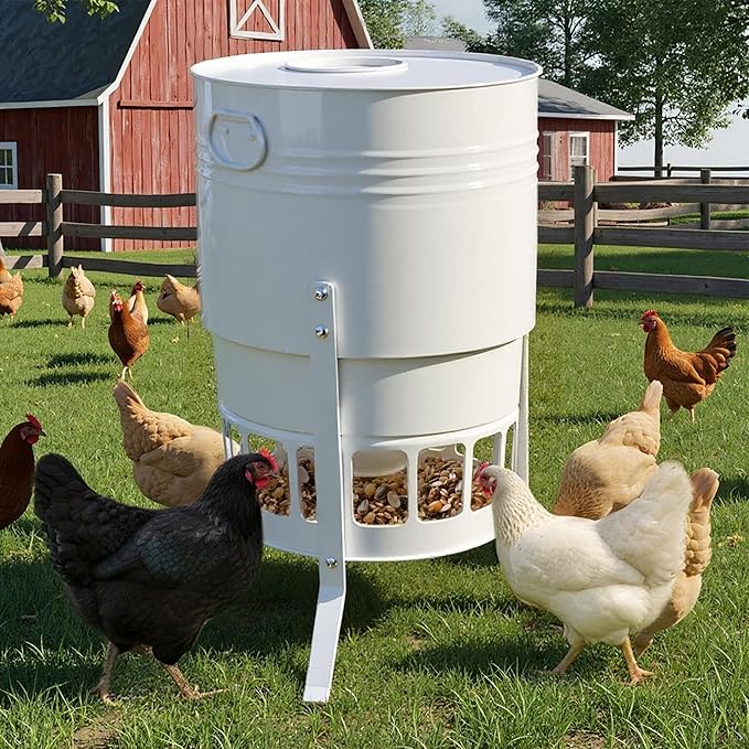 KOL Metal Chicken Feeder - 50lbs Poultry Feeder with 16 Ports, Powder Coated Rust-Proof Design & Smooth Edges for Safe Feeding (Jade White)