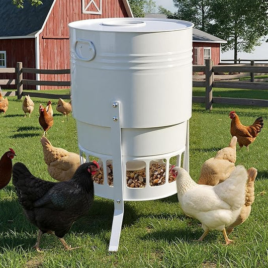 KOL Metal Chicken Feeder - 50lbs Poultry Feeder with 16 Ports, Powder Coated Rust-Proof Design & Smooth Edges for Safe Feeding (Jade White)