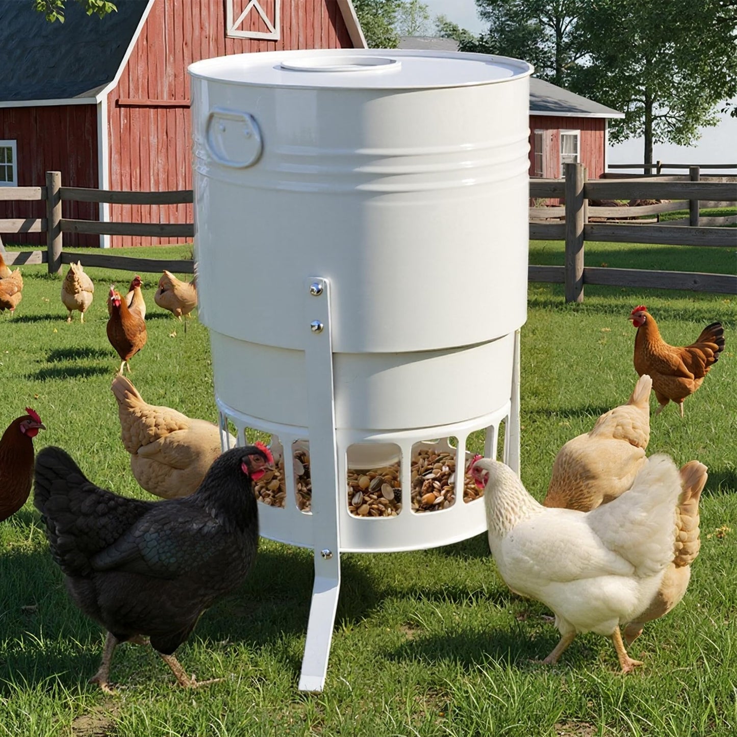 KOL Metal Chicken Feeder - 50lbs Poultry Feeder with 16 Ports, Powder Coated Rust-Proof Design & Smooth Edges for Safe Feeding (Jade White)