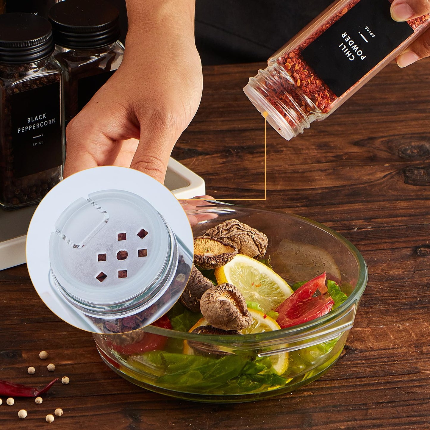 Skiileor 36 Pcs Spice Jars with Label- Glass Spice Jars with Black Metal Caps,Shaker Lids, Funnel, Chalk Pen, Brush,Cleaning Cloth 4oz Seasoning Containers Bottles for Spice Rack, Cabinet, Drawer