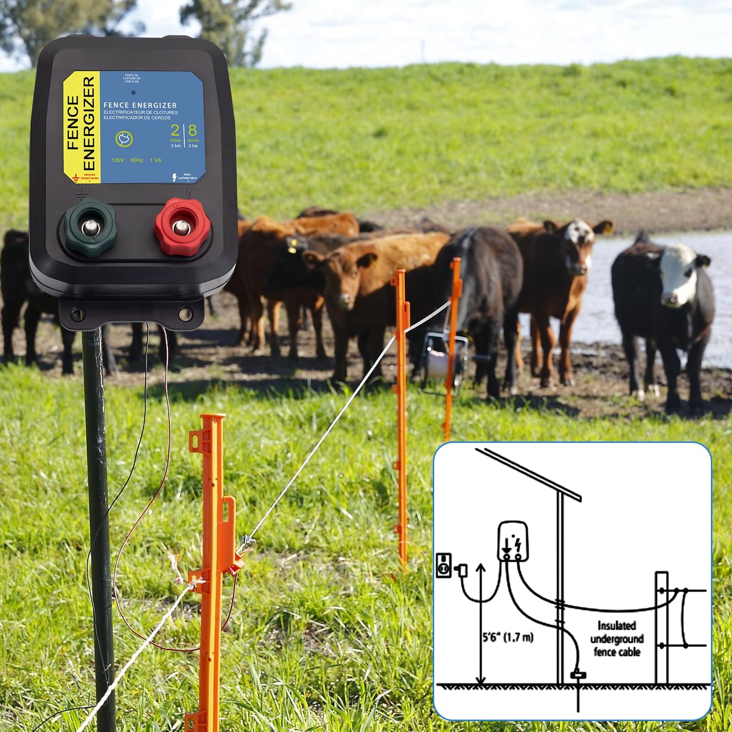Electric Fence Energizer Plus 2 Mile/ 8 Acres Plug,Electric Fence Charger PE2，Livestock Fence Chargers for Containing Pets and Keeping Out Small Nuisance Animals 0.10 Joule