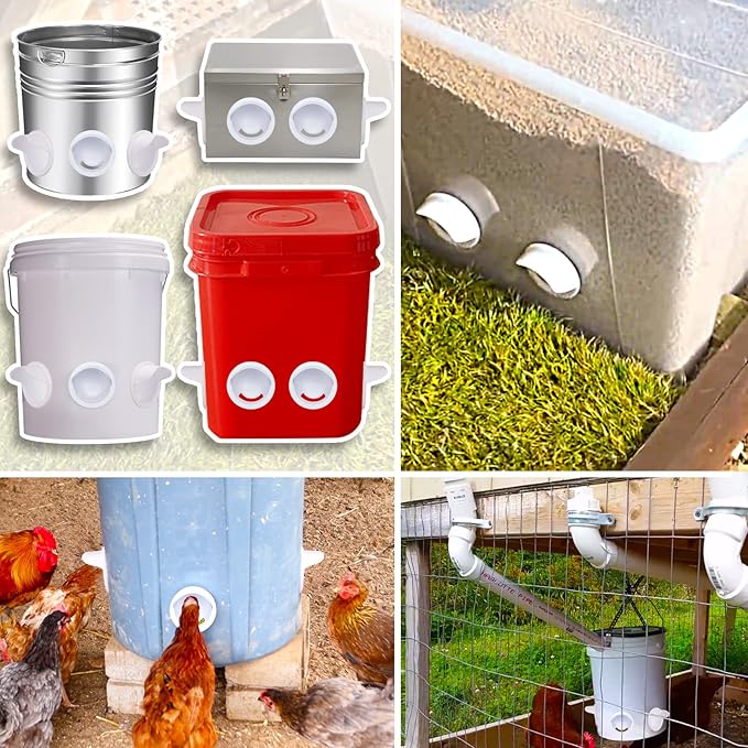 No Waste Chicken Feeder and Waterer Set,with Rat Stopper Caps,6 Ports 6 Chicken Water Cups and Hole Saw,DIY Poultry Feeder Port Gravity Automatic Fed Kit for Buckets,Barrels,Bins,Troughs