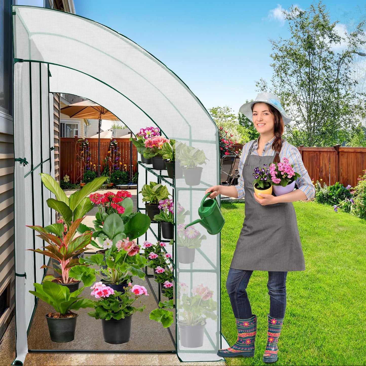EAGLE PEAK 3 Tier Lean to Portable Greenhouse, Heavy-Duty Indoor & Outdoor Garden with Wire Shelves, 2 Roll-Up Zipper Doors, Easy Assembly, 120"x60"x84" Clear/White PE Cover