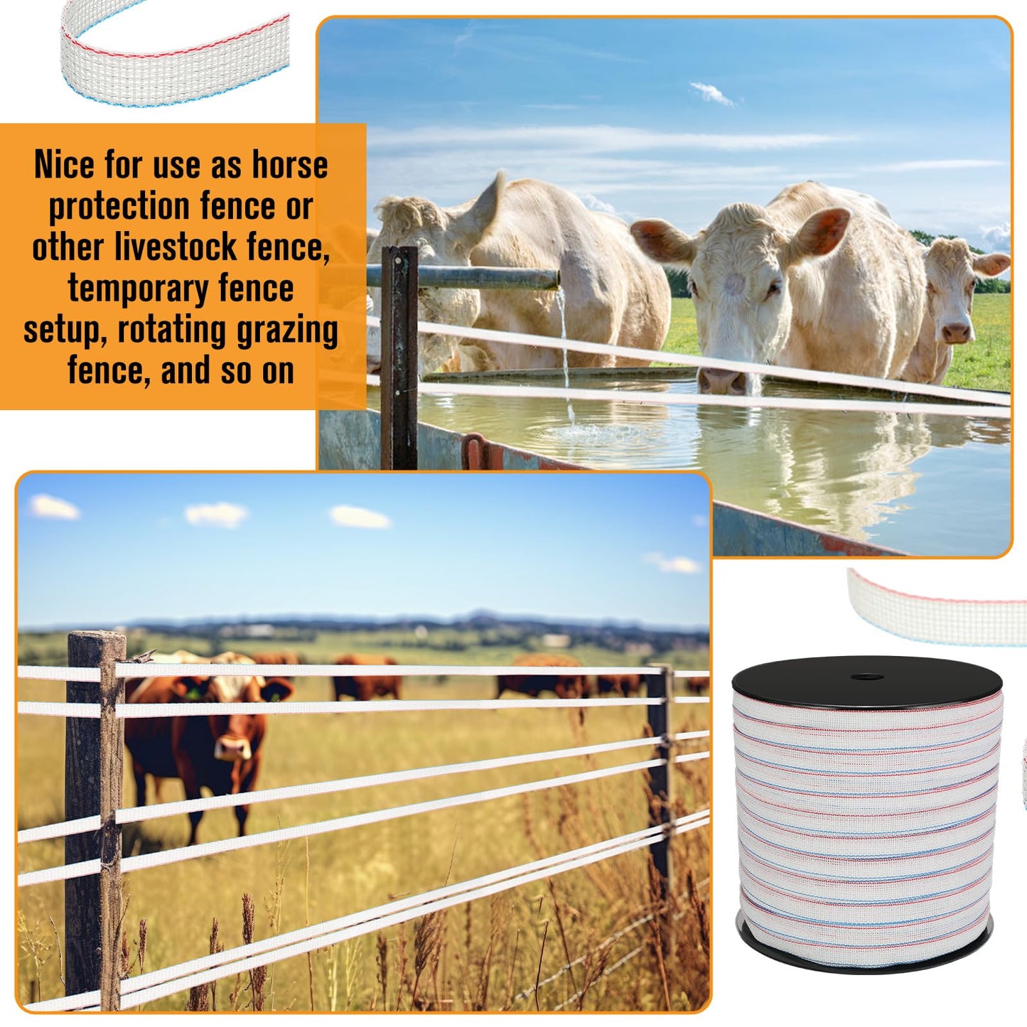 Wowangce 1 Roll 3/4 Inch x 2000 ft Electric Fence Tape for Livestock Polytape Fencing Horse Fence with High Visibility
