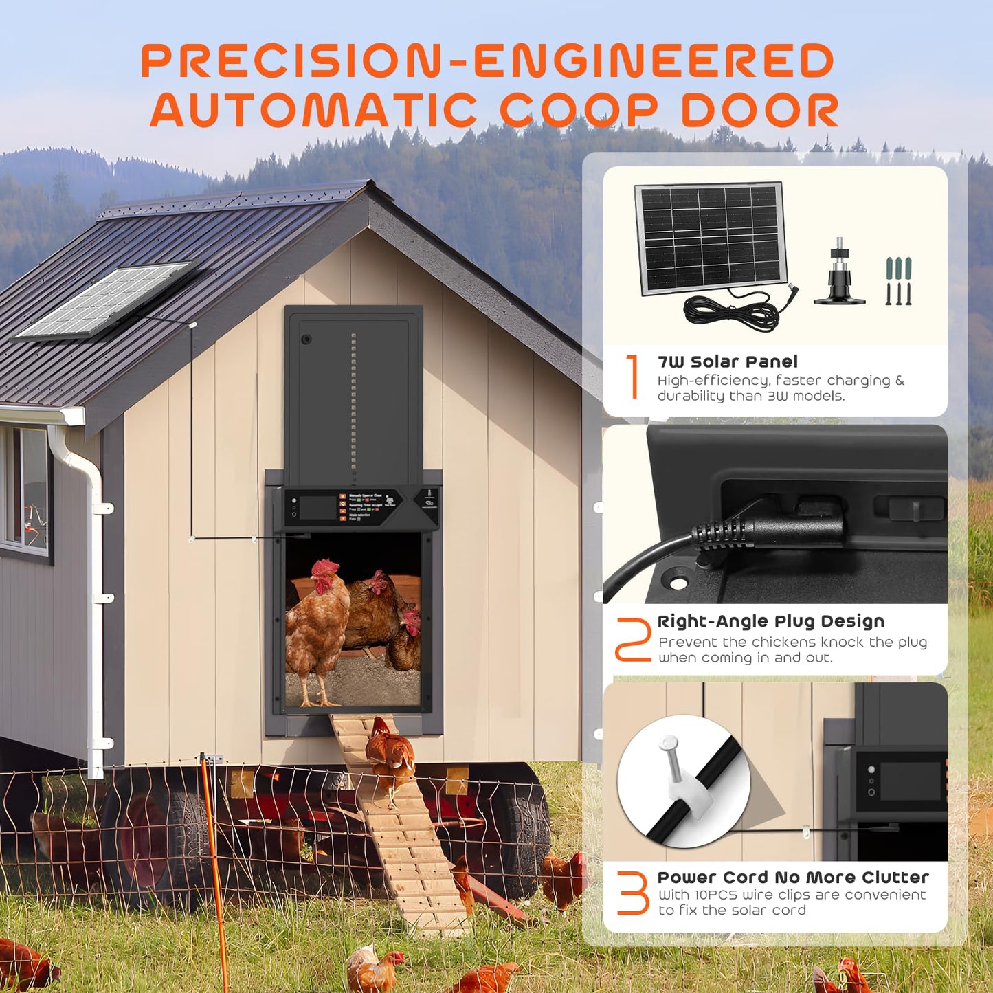 Large Automatic Chicken Coop Door, 4000mAh High Capacity Chicken Coop Door 7W Solar Powered with Timer & Light Sensor, Anti-Pinch Auto-Aluminum Chicken Door with Wire Clip & Remote Control-Black