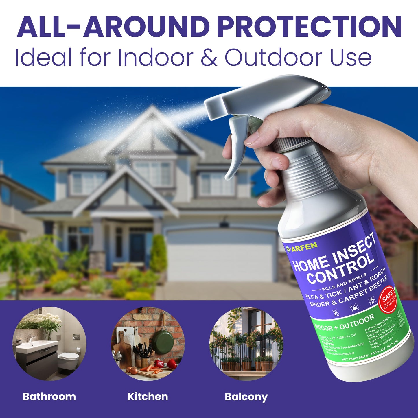 ARFEN Home Insect Pest Control Spray 16oz – Kills & Repels Fleas, Ticks, Ants, Roaches, Spiders, Bed Bug and More on Contact with Peppermint Oil; Natural Safe and Effective Indoor & Outdoor Solution