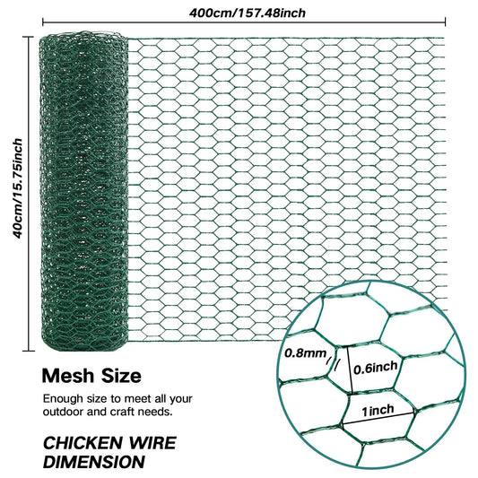 Chicken Wire for Floral Arrangements, 0.6 Inch Hexagonal Green Floral Chicken Wire Mesh, PVC Coated Chicken Wire Fence Netting for Crafts Poultry Garden(15.7 x 157 inches)