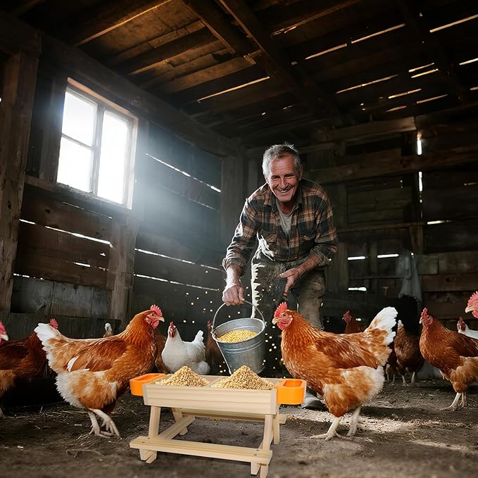 Chicken Feeder Picnic Table No Waste Wooden Picnic Table with Water Bowls Chicken Coop Accessories for Poultry Chicks, Duck, Goose, Squirrel,Turkey