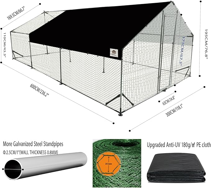 Chicken Coop Large Metal Chicken Run, Upgraded Anti-UV 180g/㎡ PE cloth & 1.1mm Thickened PVC-Coated hexagonal chicken Wire Mesh & More Galvanized Steel Standpipes, walk-in chicken coop, 19.7×9.8×6.4FT