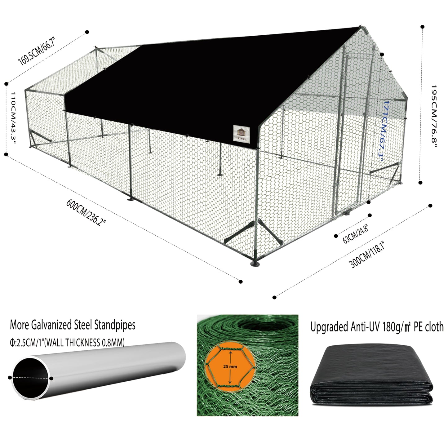 Chicken Coop Large Metal Chicken Run, Upgraded Anti-UV 180g/㎡ PE cloth & 1.1mm Thickened PVC-Coated hexagonal chicken Wire Mesh & More Galvanized Steel Standpipes, walk-in chicken coop, 19.7×9.8×6.4FT