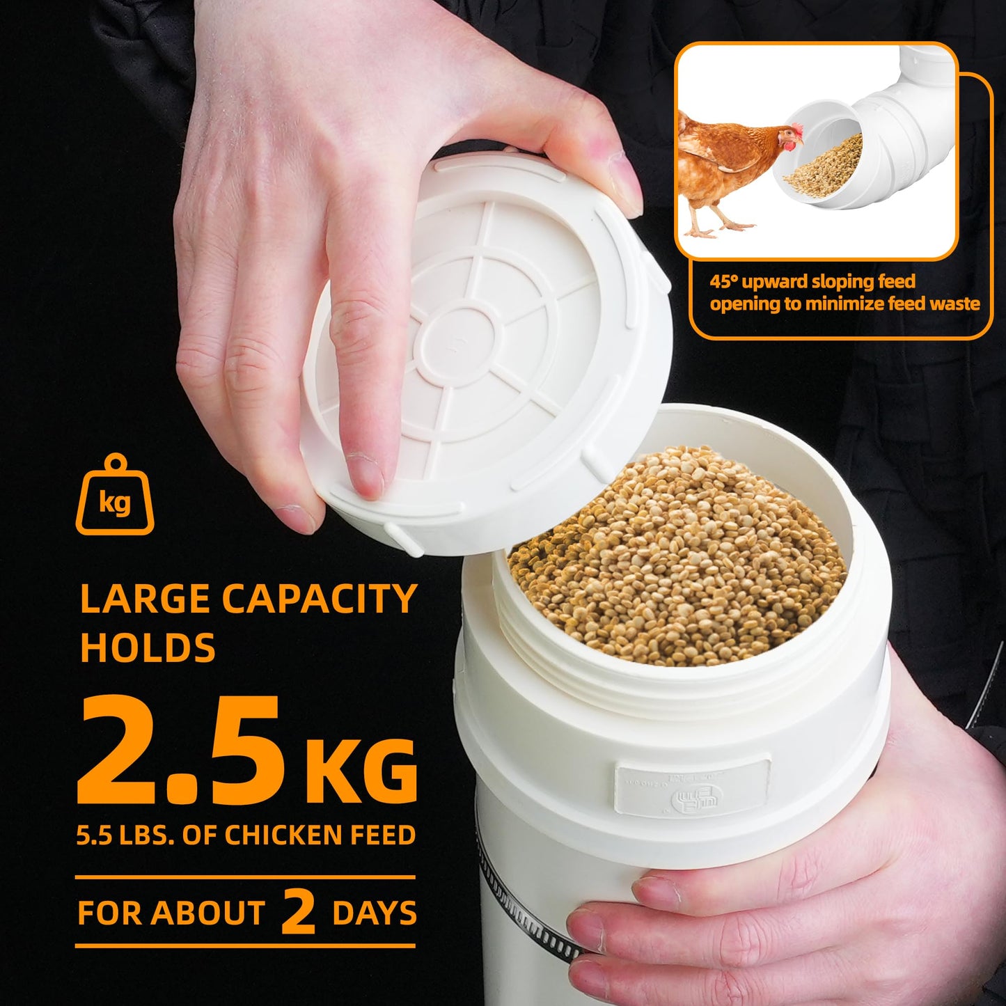 UCandy Automatic Chicken Feeder, 6 Pounds Capacity Heavy-Duty PVC Pipe No Waste Chicken Coop Feeder, Poultry Gravity Feed Port for Chicken Feeding