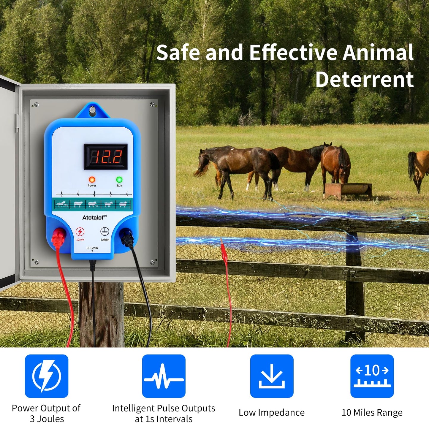 Electric Fence Charger for Livestock - 10 Miles 3 Joule Output Multi Power Electric Fence Controller Livestock Electric Fence Kit