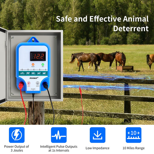 Electric Fence Charger for Livestock - 10 Miles 3 Joule Output Multi Power Electric Fence Controller Livestock Electric Fence Kit