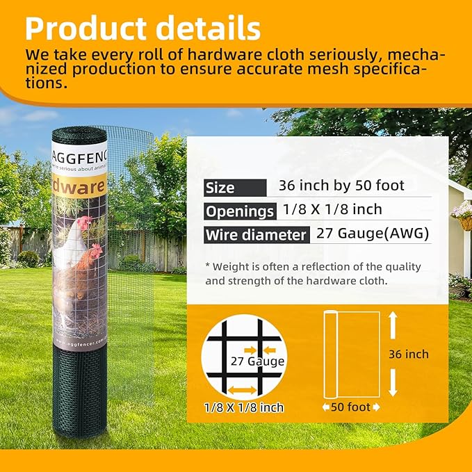 36in x 50ft Green Hardware Cloth 1/8 inch 27Ga PVC Coated Wire Mesh Vinyl Coated Galvanized Wire Mesh Screen Roll, Welded Metal Chicken Wire Fencing, for Garden Plant Fencing Bee Screen