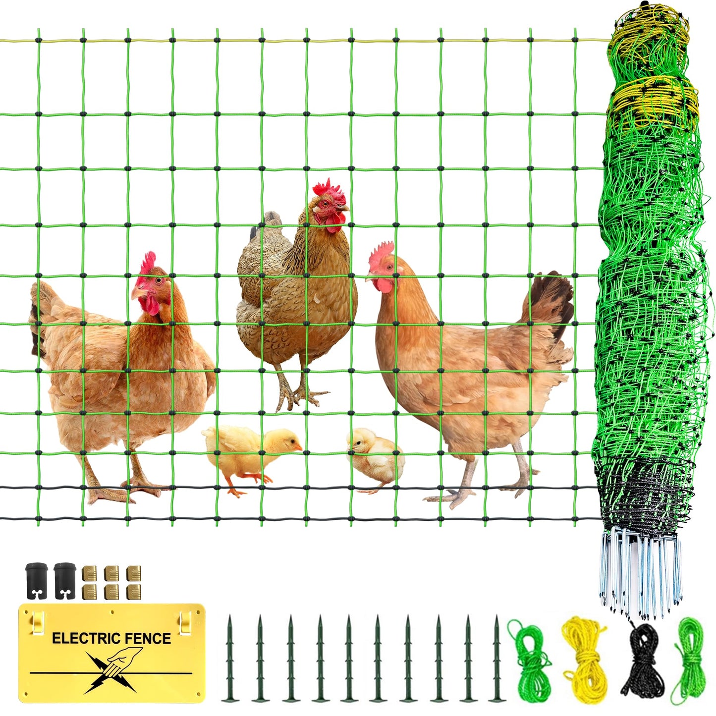 Poultry Netting Electric Fence, 41.5" H x 164' L, Portable Livestock Nets Mesh for Chickens, Ducks, Geese, Turkey, Electric Fencing for Backyards, Homesteaders, Farms, Ranches, Gardens