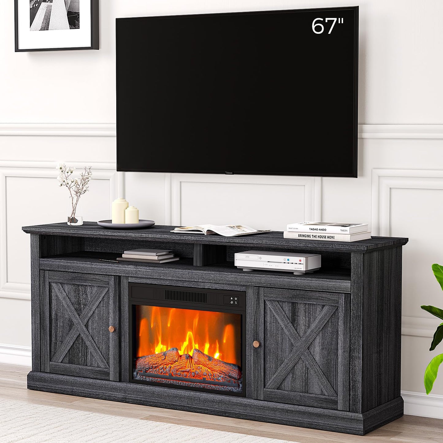 Electric Fireplace Tv Stand for Tvs Up to 67 Inch, Farmhouse 23" Remote Control Fireplace Entertainment Center with Sliding Barn Door, Storage Cabinets/Adjustable Shelves for Living Room