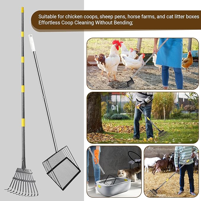 2pcs adjustable heavy 10 inch wide shovel area of chicken scooper for poop（36.6-61.8"long）and 11 tooth chicken coop rake（36.7-73"long）. Suit for cleaning chicken coops, racecourses, and sheep pens