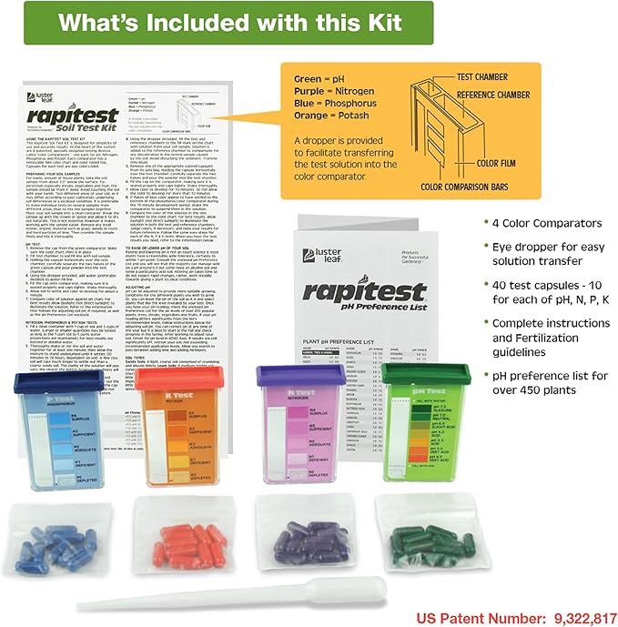 Rapitest Soil Test Kit for Gardens, Vegetables, Flowers and Lawns. USA designed and assembled soil tester completely, quickly and accurately measures/analyzes soil pH acidity and garden nutrients