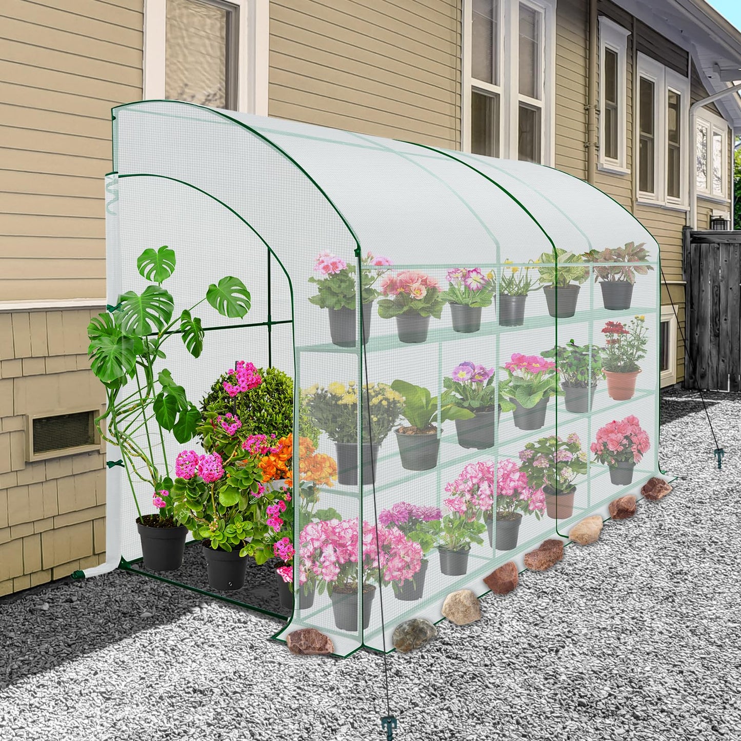EAGLE PEAK 3 Tier Lean to Portable Greenhouse, Heavy-Duty Indoor & Outdoor Garden with Wire Shelves, 2 Roll-Up Zipper Doors, Easy Assembly, 120"x60"x84" Clear/White PE Cover