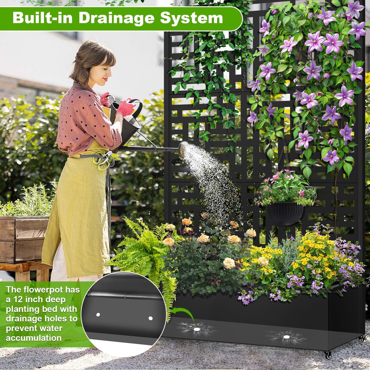 Meyoppm Metal Planter Box with Trellis, 72"x47"x16" Metal Raised Garden Bed with Trellis, Trellis Planter Box with Drainage Holes & Lockable Casters for Climbing Plants, Vegetables, and Vines