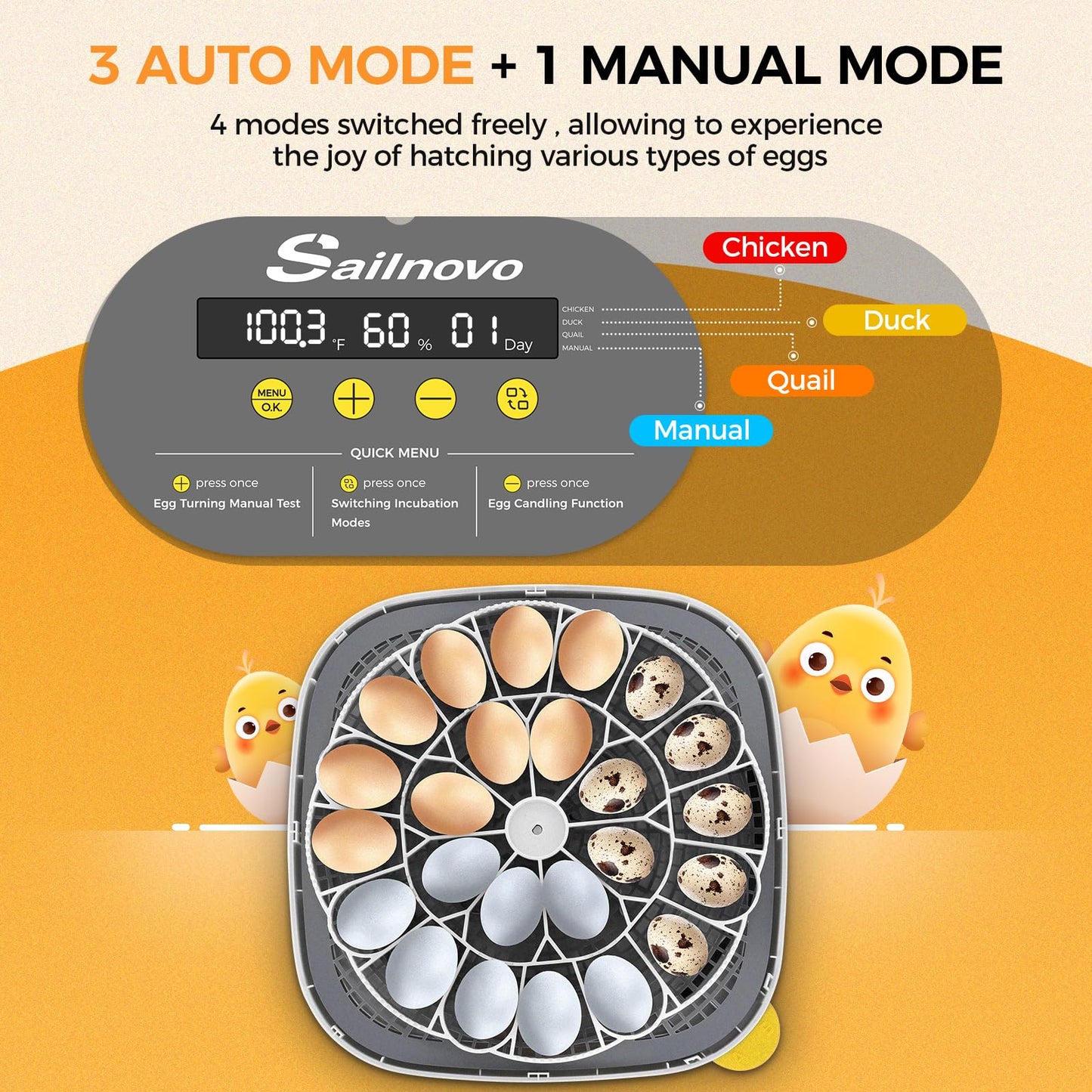 Sailnovo 24 Egg Incubators for Hatching Eggs, 4 Modes Egg Incubator with Automatic Egg Turning and Humidity Display, Egg Candler - 360° View with Clear Window Incubators for Hatching Chicks, Grey