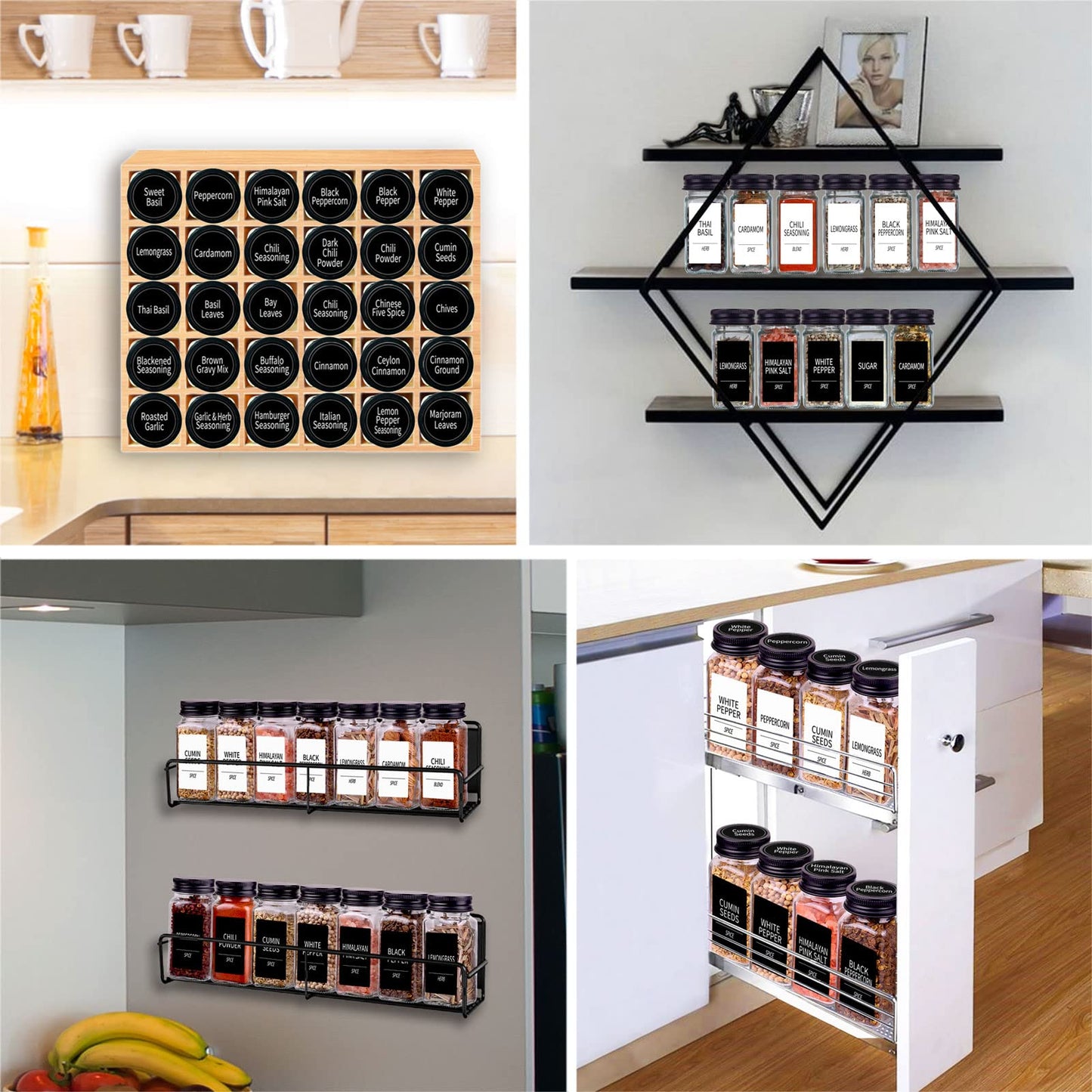 Churboro 25 Spice Jars with 547 Labels- Glass Spice Jars with Black Metal Caps, 4oz Empty Spice Containers with Shaker Lids, Funnel, Chalk Pen, Square Seasoning Bottles for Spice Rack, Drawer, Cabinet