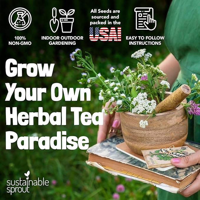 Sustainable Sprout Medicinal Tea Seeds, 8 Variety Pack Herbal Tea Heirloom Seeds, Catnip, Lavender, Peppermint, Lemon Balm, Bee Balm, Echinacea, Sage & Chamomile for Planting, Homesteading Essentials