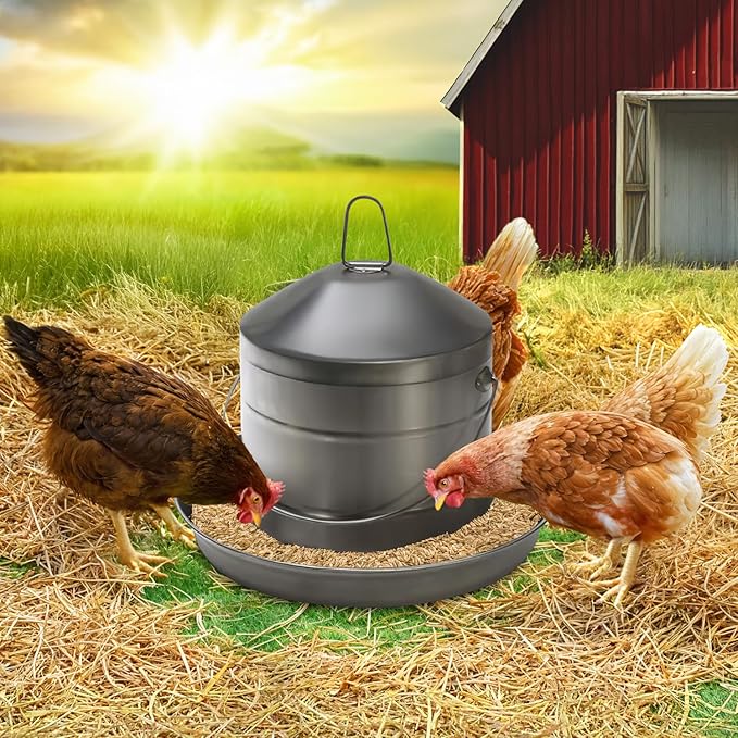 Plexon 17.6 Lb Stainless Steel Hanging Chicken Feeder no Waste Food-Grade Large - Poultry Feeder for Chicken Metal - Heavy Duty Reliable Long-Lasting with Handle