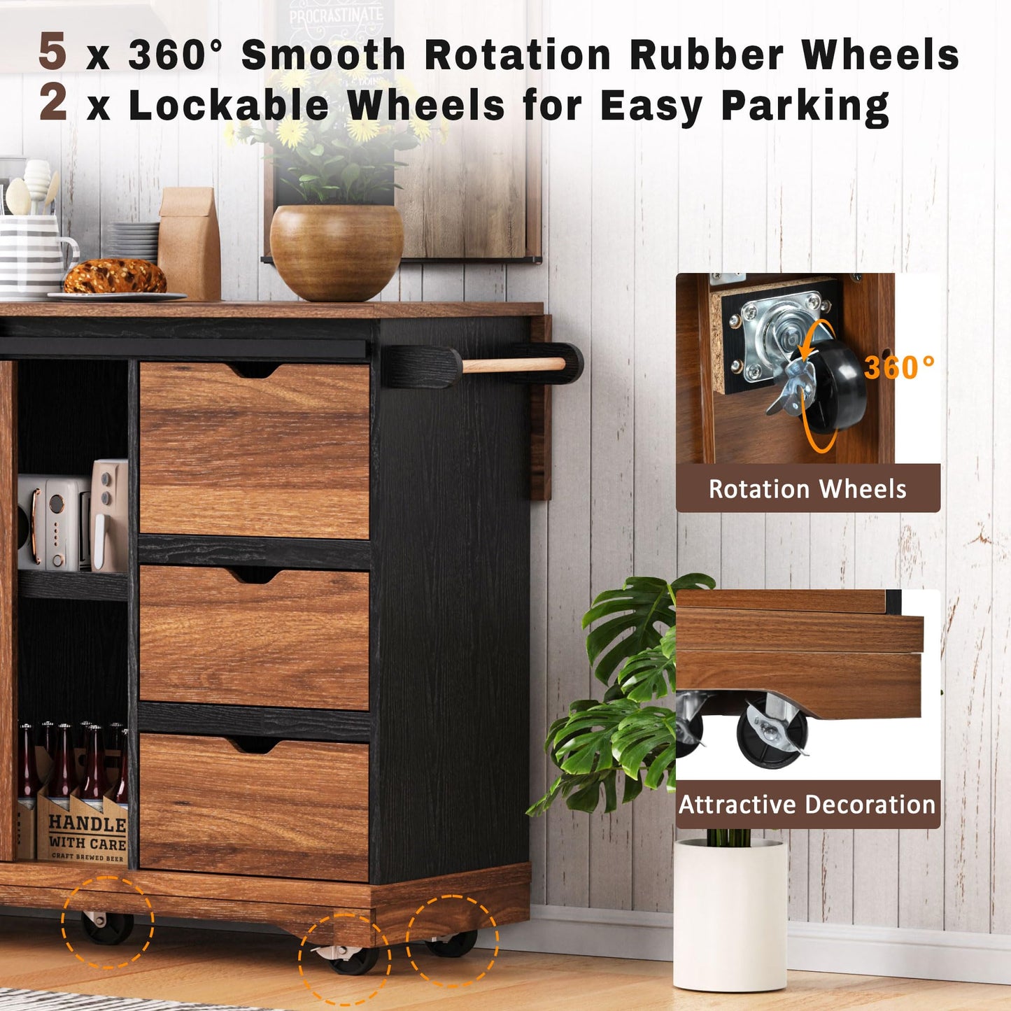 Merax 55.5" Farmhouse Kitchen Island with Drop Leaf, Kitchen Storage Island with Barn Door, Power Outlet, Rolling Kitchen Cart on Wheels with Spice Rack, for Home, Kitchen, Dining Room, Black