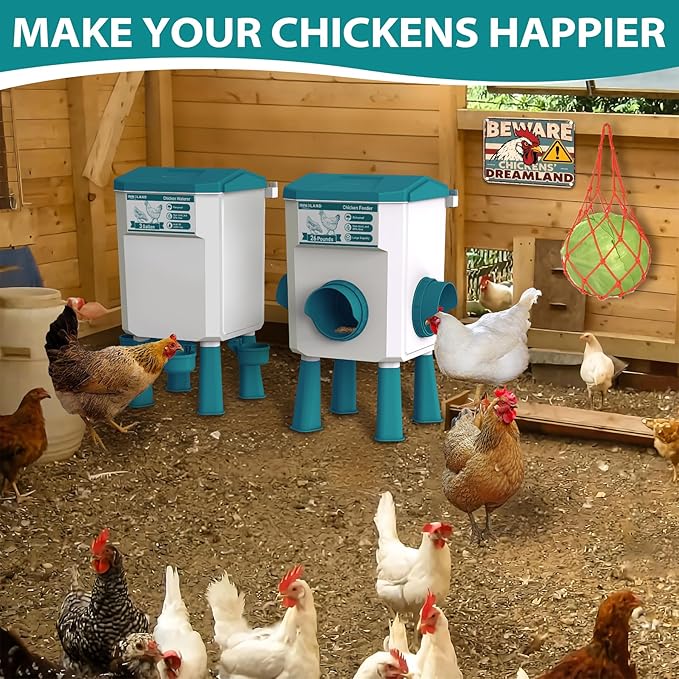 Chicken Feeder and Waterer Set - 3 Gallon/26.5 Pounds, Automatic Chicken Waterer with 4 Cups & 3 Feeder Ports, No Waste Poultry Feeder & Waterer, Chicken Coop Accessories for Hens/Ducks/Poultry