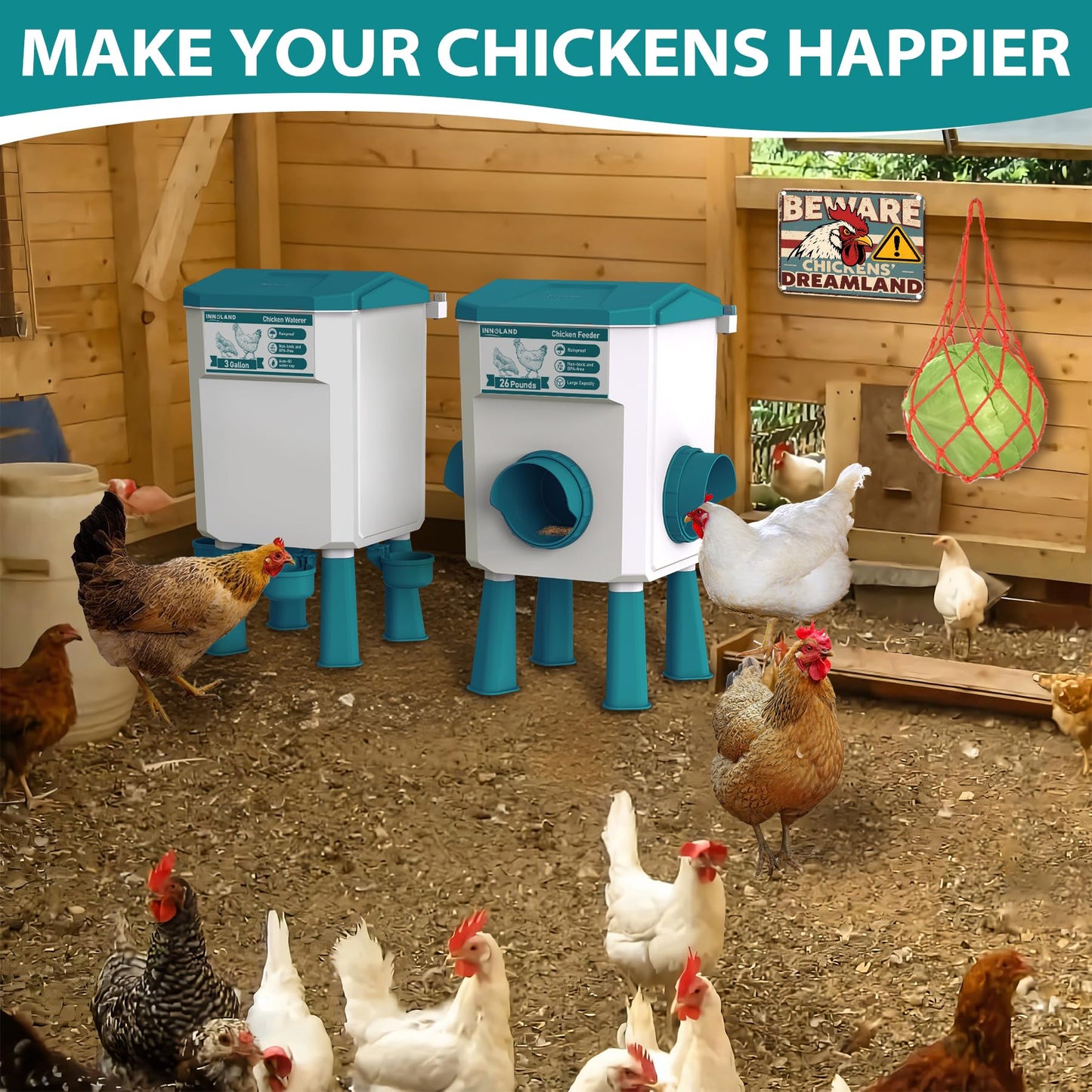 Chicken Feeder and Waterer Set - 3 Gallon/26.5 Pounds, Automatic Chicken Waterer with 4 Cups & 3 Feeder Ports, No Waste Poultry Feeder & Waterer, Chicken Coop Accessories for Hens/Ducks/Poultry