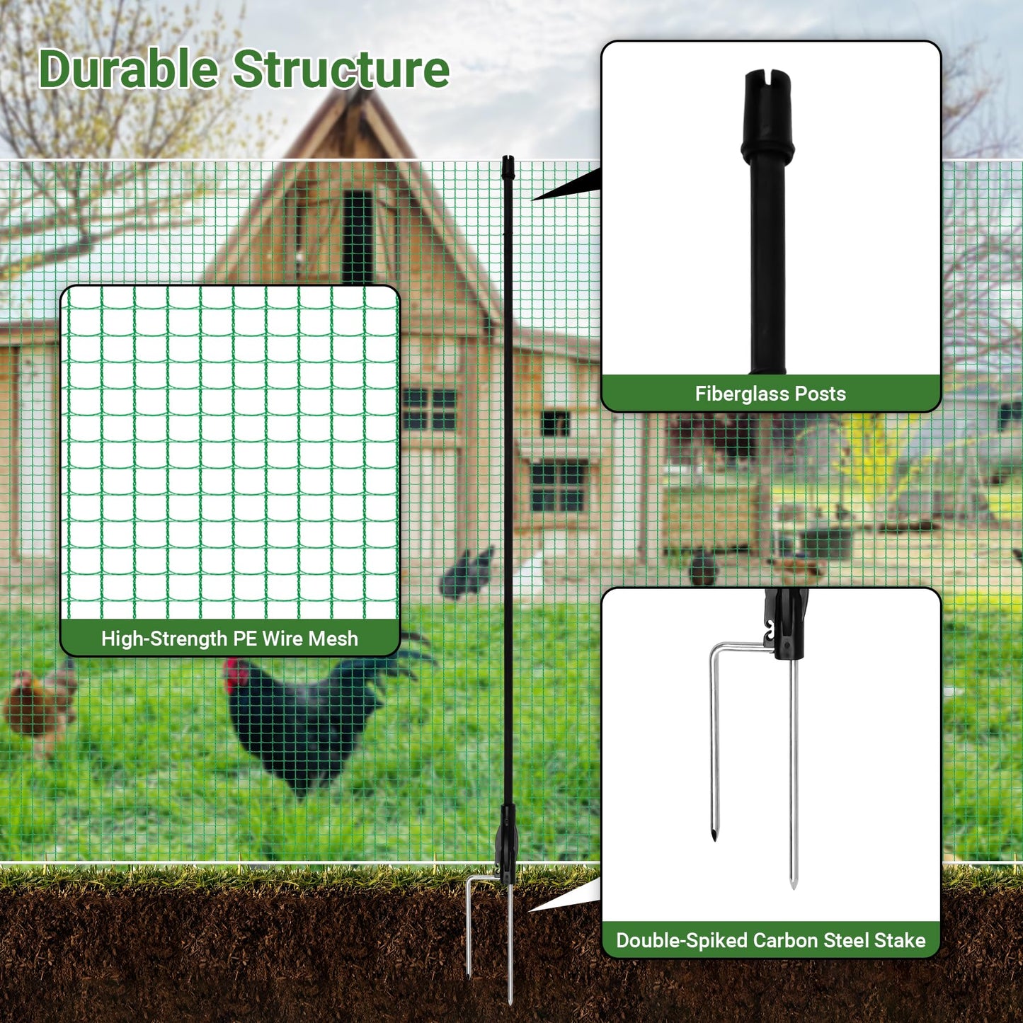 Toriexon Non Electric Fence Netting 48"x65', Boundary Fence with Double Spiked Posts&Windproof Kit, Portable Poultry Fence for Dogs, Chickens, Ducks, Turkeys Suitable in Backyard, Garden, Farm-Green