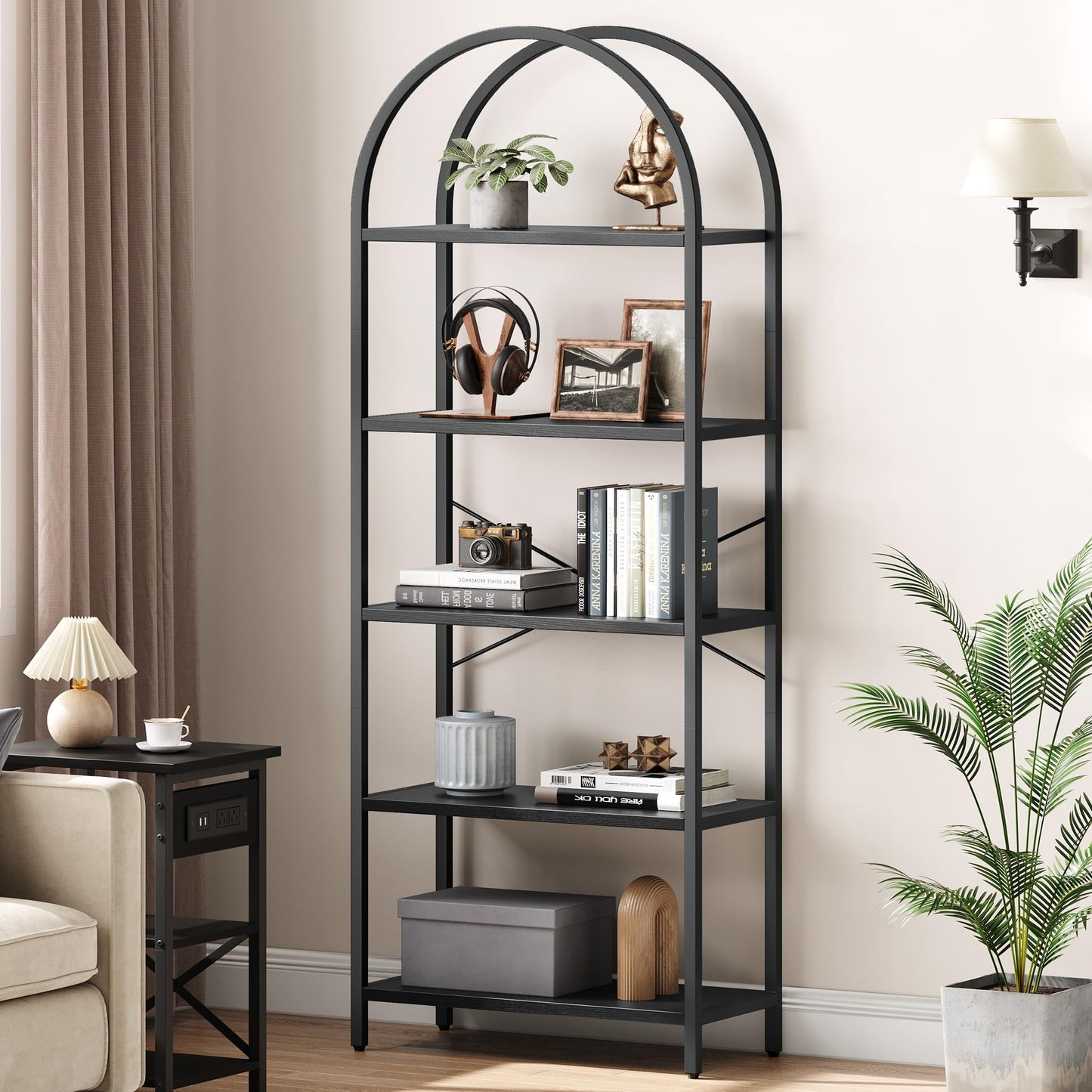 IDEALHOUSE Bookshelf 5 Tier Bookcase Arched Display Racks Tall Standing Bookshelves Metal Frame Open Storage Rack Shelf Large Black Book Shelf for Bedroom, Living Room, Home Office