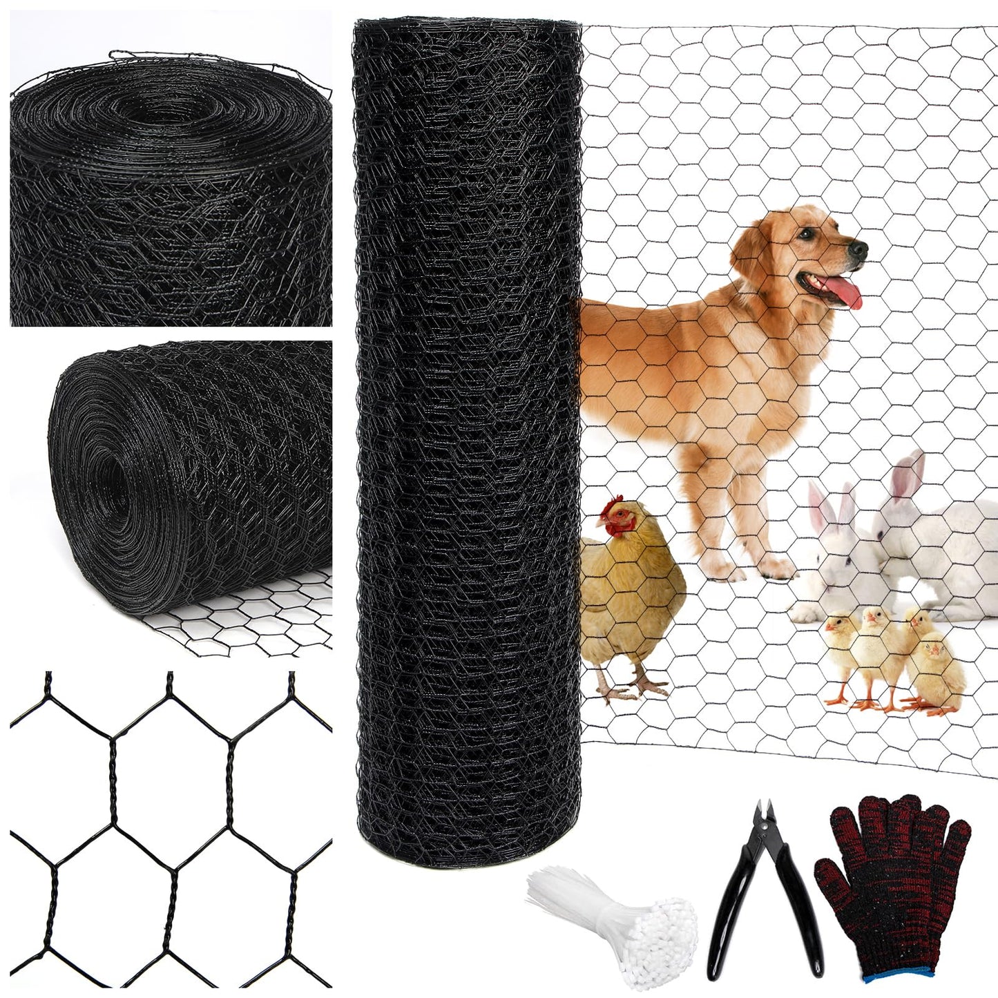 Wirewonders Black 19GA Chicken Wire 36inx150ft, Chicken Wire Fencing, Garden Fence, Metal Poultry Wire Netting, Galvanized PVC Coated Mesh for Animal/Rabbit/Floral/Chicken Coop/DIY Projects.
